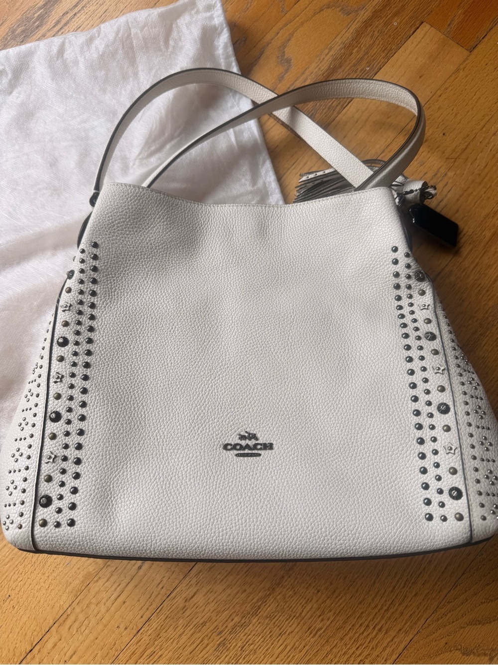 Coach Edie Cream Studded Pebbled Leather Shoulder Bag